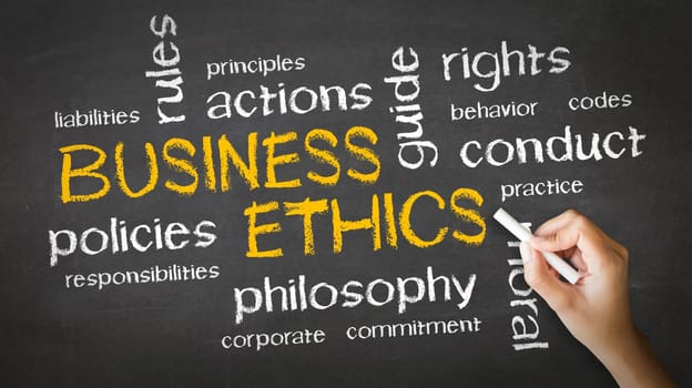 A person drawing and pointing at a Business Ethics Chalk Drawing