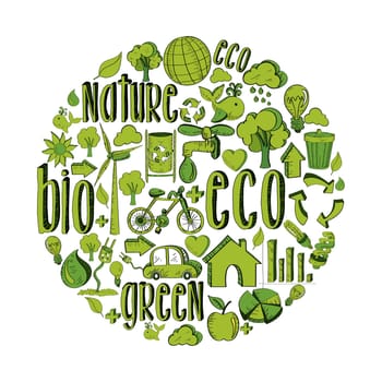 Circle with environmental hand drawn icons in green. This illustration is layered for easy manipulation and custom coloring