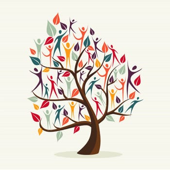 Family human shapes colorful leaf conceptual tree. Vector file layered for easy manipulation and custom coloring.