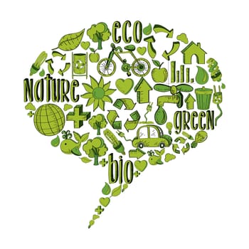 Bubble speech with environmental hand drawn icons in green. This illustration is layered for easy manipulation and custom coloring