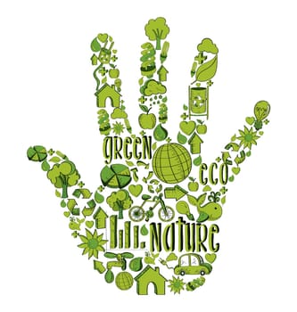 Hand with environmental hand drawn icons in green. This illustration is layered for easy manipulation and custom coloring