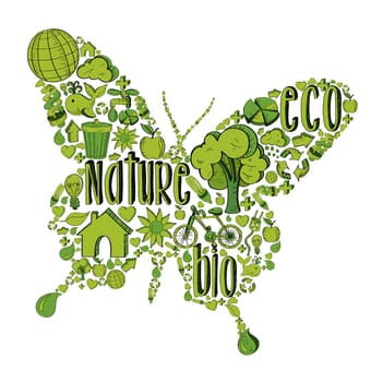 Butterfly with environmental hand drawn icons in green. This illustration is layered for easy manipulation and custom coloring