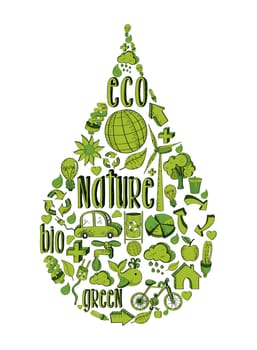 Water drop with environmental hand drawn icons in green. This illustration is layered for easy manipulation and custom coloring