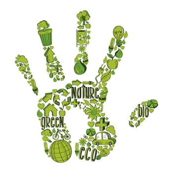 Trendy hand with environmental hand drawn icons in green. This illustration is layered for easy manipulation and custom coloring