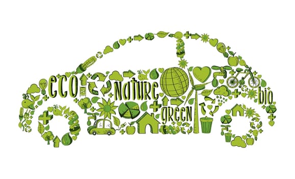 Eco car with environmental hand drawn icons in green. This illustration is layered for easy manipulation and custom coloring