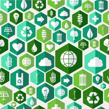 Green attitude environmental icons set seamless pattern over white background.