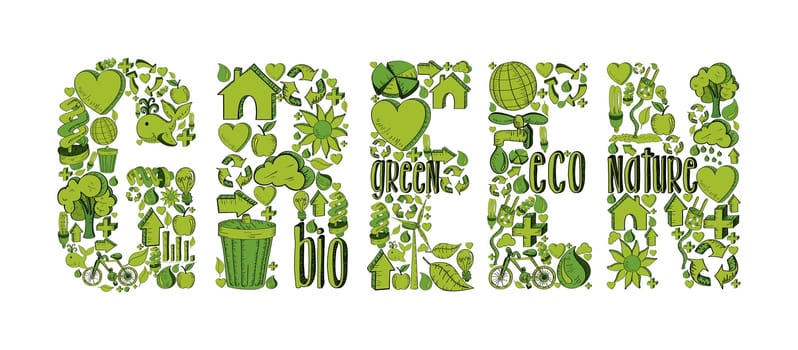 Green word with environmental hand drawn icons in green. This illustration is layered for easy manipulation and custom coloring