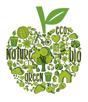 Apple with environmental hand drawn icons in green. This illustration is layered for easy manipulation and custom coloring