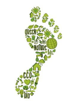 Foot print with environmental hand drawn icons in green. This illustration is layered for easy manipulation and custom coloring