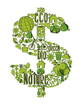 Money symbol with environmental hand drawn icons in green. This illustration is layered for easy manipulation and custom coloring