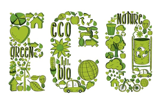 Word eco with environmental hand drawn icons in green. This illustration is layered for easy manipulation and custom coloring