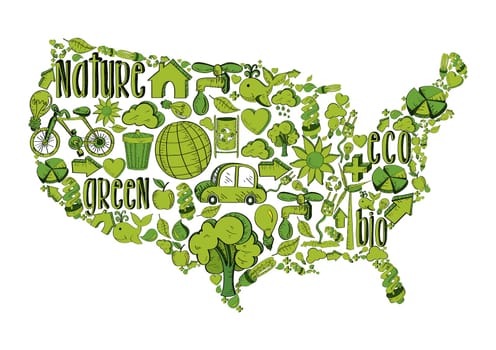 USA shape with environmental hand drawn icons in green. This illustration is layered for easy manipulation and custom coloring