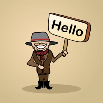 Trendy australian Man says Hello holding a wooden sign sketch. Vector file illustration layered for easy editing.