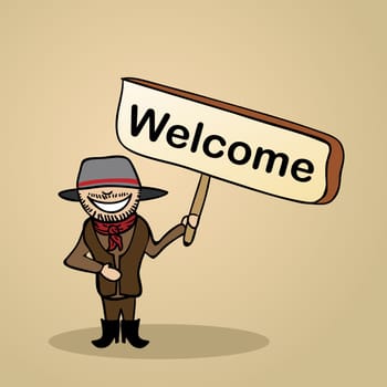 Trendy australian Man says Hello holding a wooden sign sketch. Vector file illustration layered for easy editing.