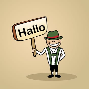 Trendy german man says hello holding a wooden sign sketch. Vector file illustration layered for easy editing.