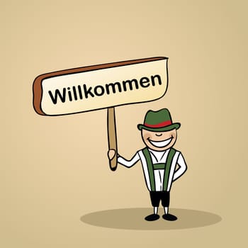 Trendy german man says welcome holding a wooden sign sketch. Vector file illustration layered for easy editing.
