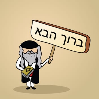 Trendy jewish man says welcome holding a wooden sign sketch. Vector file illustration layered for easy editing.