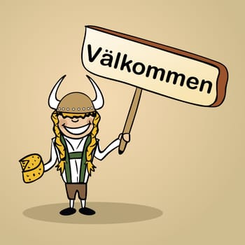Trendy swedish woman says welcome holding a wooden sign sketch. Vector file illustration layered for easy editing.