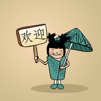 Trendy chinese woman says welcome holding a wooden sign sketch. Vector file illustration layered for easy editing.
