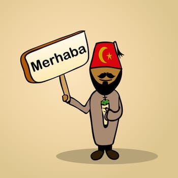 Trendy turkish man says Hello holding a wooden sign sketch. Vector file illustration layered for easy editing.