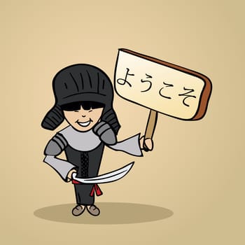 Trendy japanese man says welcome holding a wooden sign sketch. Vector file illustration layered for easy editing.