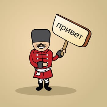 Trendy russian man says Hello holding a wooden sign sketch. Vector file illustration layered for easy editing.