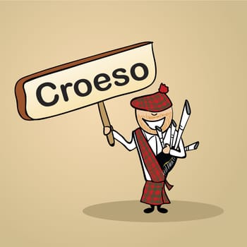 Trendy scotish man says welcome holding a wooden sign sketch. Vector file illustration layered for easy editing.