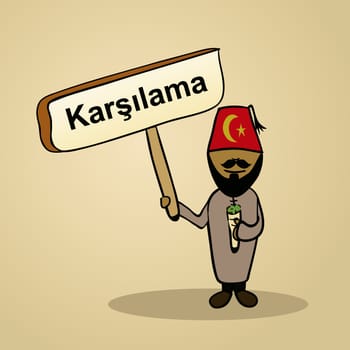 Trendy turkish man says welcome holding a wooden sign sketch. Vector file illustration layered for easy editing.