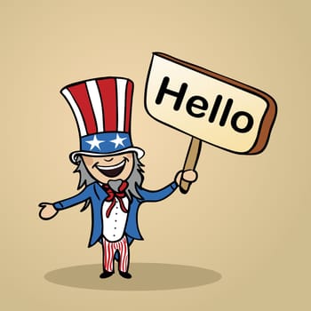 Trendy american man says Hello holding a wooden sign sketch. Vector file illustration layered for easy editing.