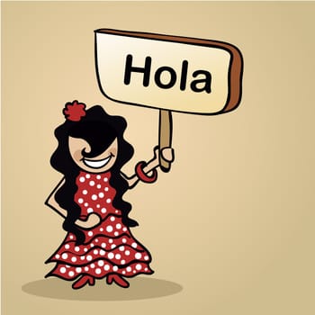 Trendy spanish woman says Hello holding a wooden sign sketch. Vector file illustration layered for easy editing.