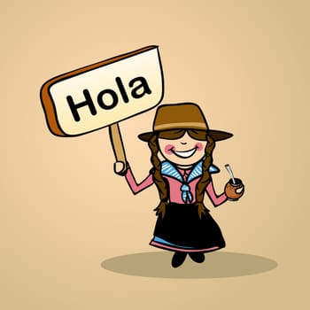 Trendy uruguayan woman says Hello holding a wooden sign sketch. Vector file illustration layered for easy editing.