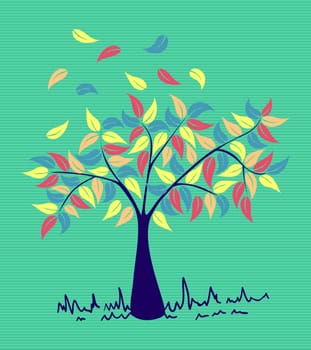 Colorful branches leaf tree with stripes background design. Vector file layered for easy manipulation and custom coloring.
