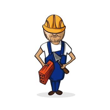 Trendy Builder Boy holding a brick design drawing. Vector file layered for easy manipulation and custom coloring.