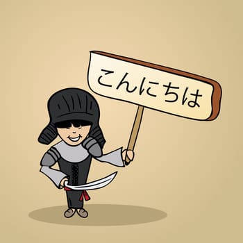 Trendy japanese man says Hello holding a wooden sign sketch. Vector file illustration layered for easy editing.