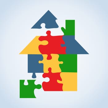 Real estate icon jigsaw house set in tree isolated silhouette over white. Vector file layered for easy manipulation and custom coloring.