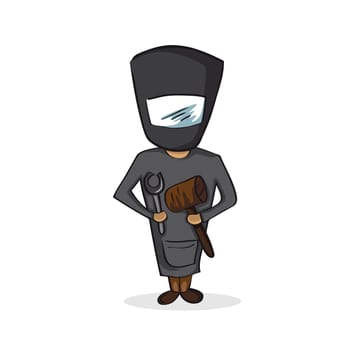 Trendy Blacksmith boy holding a  hammer and clamps design drawing. Vector file layered for easy manipulation and custom coloring.