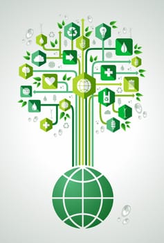 Green environment icons set tree over the world . Vector file layered for easy manipulation and custom coloring.