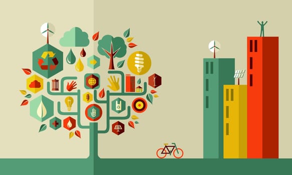 Sustainable energy town concept  . Vector file layered for easy manipulation and custom coloring.
