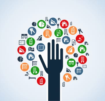Real estate icon set in tree hand isolated silhouette over white. Vector file layered for easy manipulation and custom coloring.
