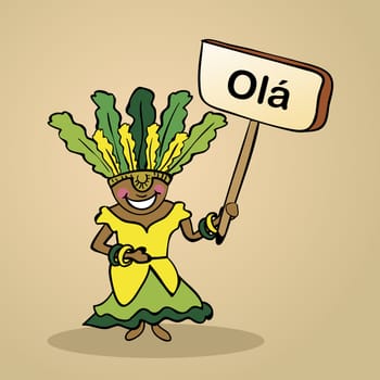 Trendy brazilian woman says Hello holding a wooden sign sketch. Vector file illustration layered for easy editing.