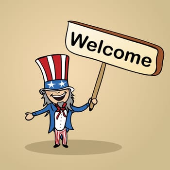 Trendy american man says welcome holding a wooden sign sketch. Vector file illustration layered for easy editing.