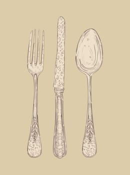 Hand drawn vintage silver cutlery set Fork, knife and spoon. Vector file layered for easy manipulation and custom coloring