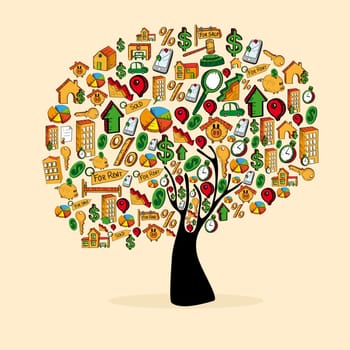 Real estate icon tree set in isolated silhouette over white. Vector file layered for easy manipulation and custom coloring.