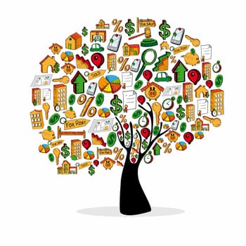 Real estate icon set in tree isolated silhouette over white. Vector file layered for easy manipulation and custom coloring.