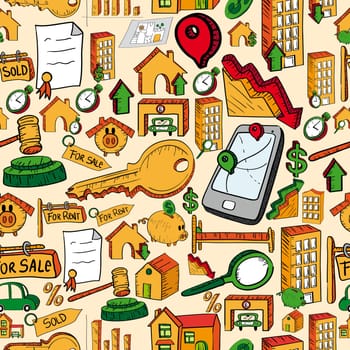 Trendy colorful real estate icons set seamless pattern. Vector file layered for easy manipulation and custom coloring.