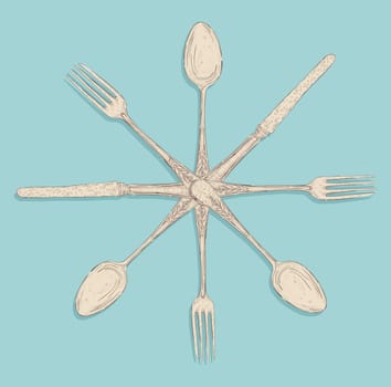 Retro hand drawn cutlery circle set fork, knife and spoon .Vector file layered for easy manipulation and custom coloring