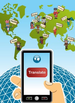 World map and hand with smartphone translation concept background. Vector illustration layered for easy editing.