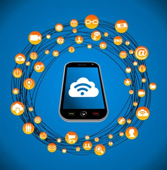 Social media network with icon set circle and smart phone. Vector illustration layered for easy manipulation and custom coloring.