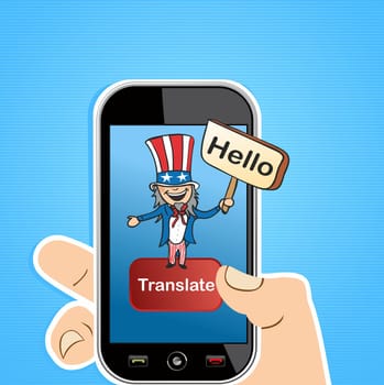 Smart Phone uncle Sam man sign translation concept background. Vector illustration layered for easy editing.
