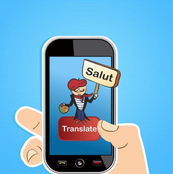 Hand holding a smart phone with French man and sign translation software application. Vector illustration layered for easy editing.